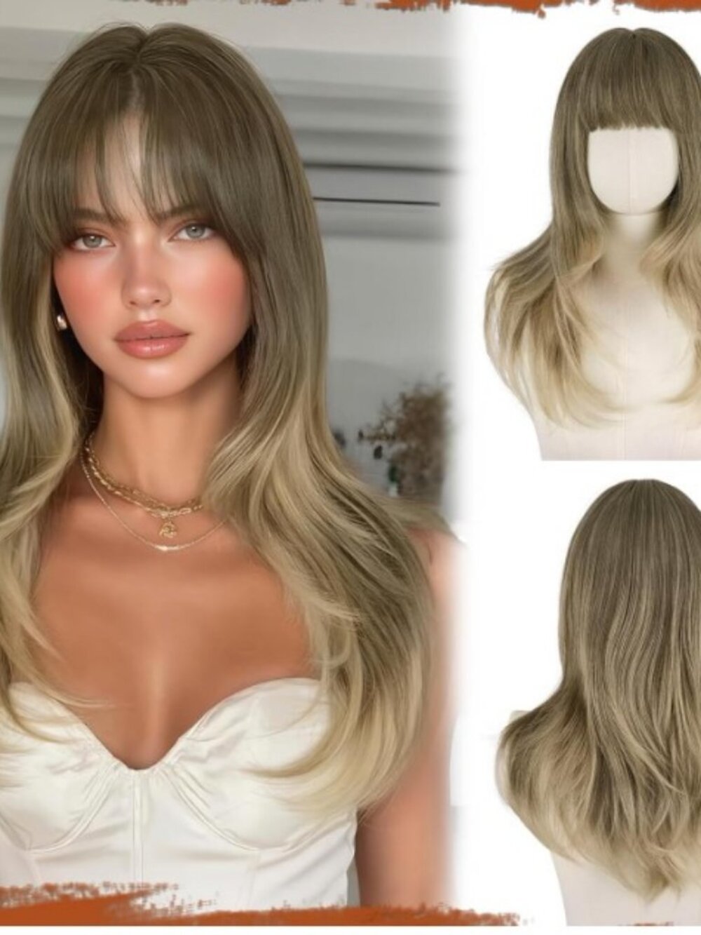 SOFEIYAN Long Straight Layered Brown Ombre Blonde Wig with Bangs 24" Synthetic